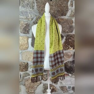 Better Than Cashmere Lime Green Brown Gray Reversible  12" x 70" Acrylic Scarf